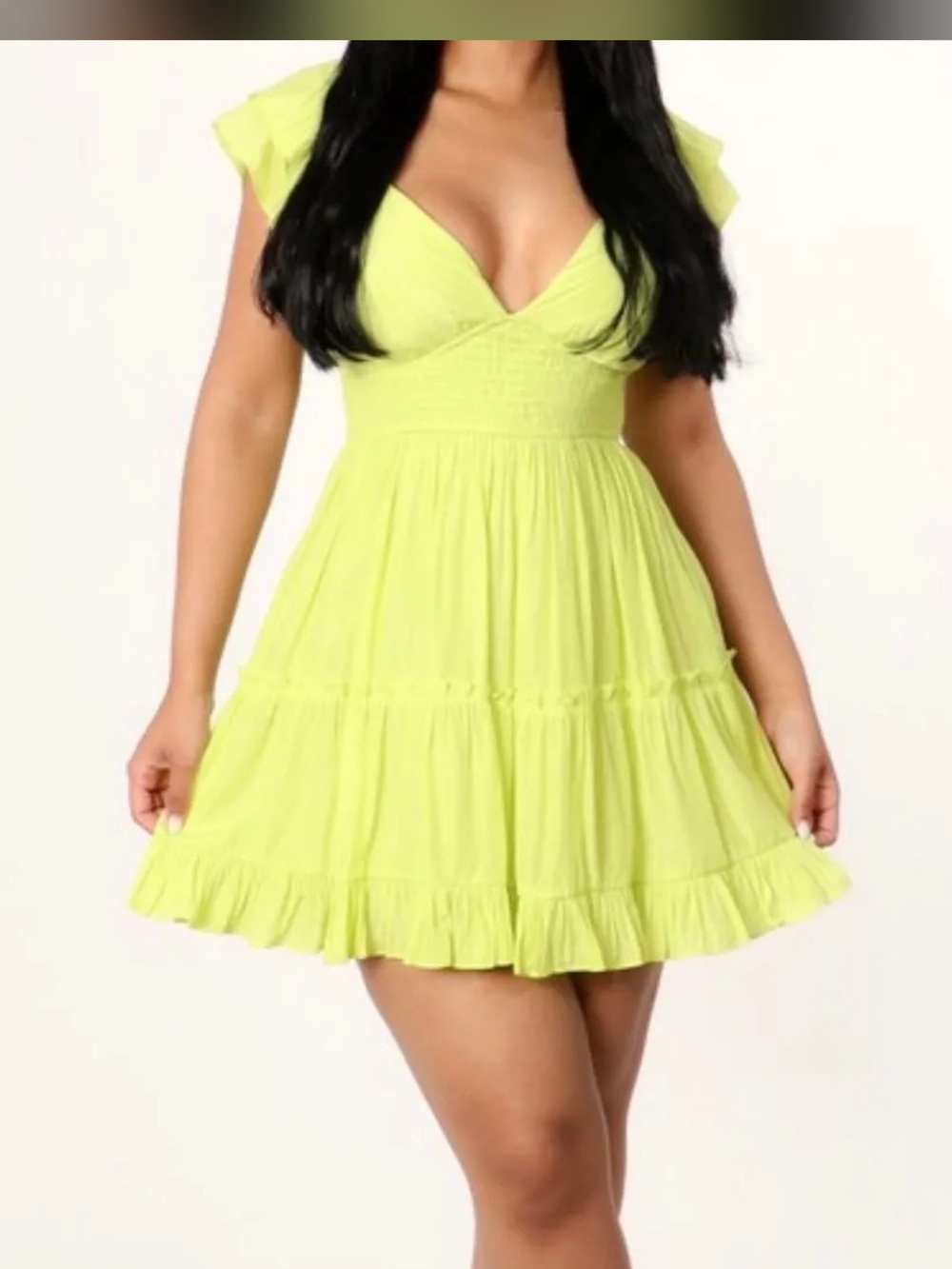 Valentina Neon Lime Ruffle V‑Neck Mini Dress